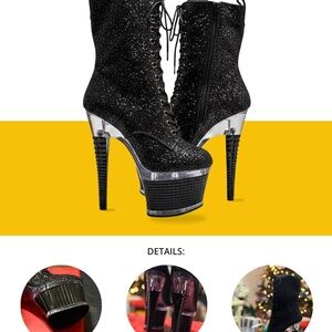 Pleaser Flamingo-1020G Black Glitter Lace-Up Boots 8" Heel Platform Ankle Boot